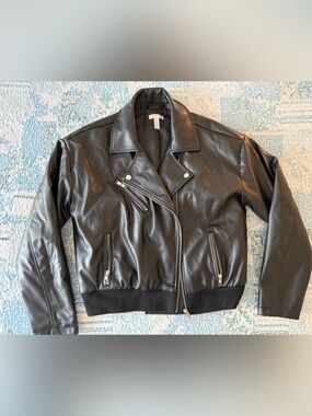 Leith Black Faux Leather Bomber Jacket